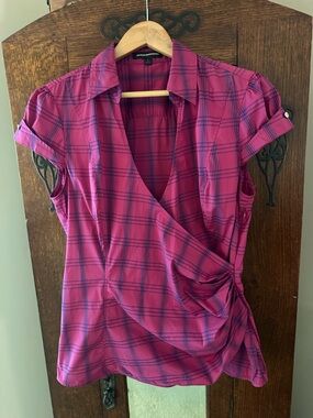 Express Pink Plaid Wrap-Front Short Sleeve Top- Size L